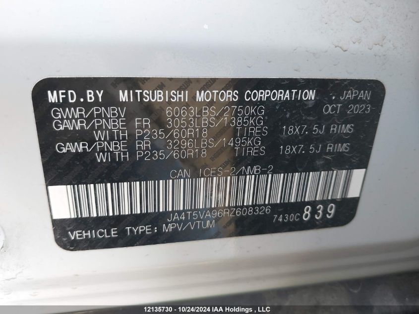 2024 Mitsubishi Outlander Se/Ralliart VIN: JA4T5VA96RZ608326 Lot: 12135730