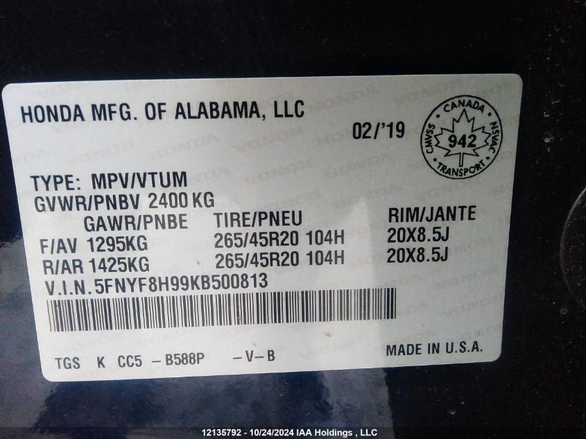 2019 Honda Passport VIN: 5FNYF8H99KB500813 Lot: 12135792