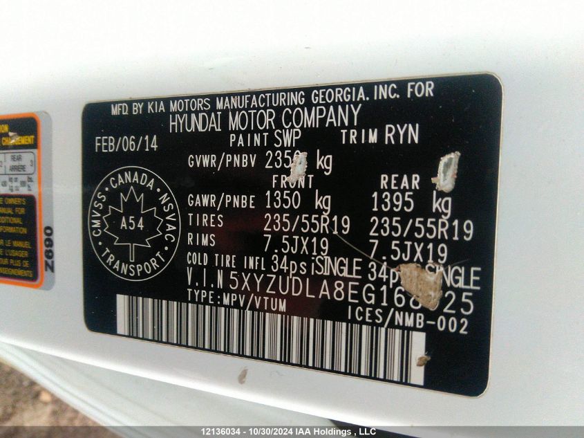 2014 Hyundai Santa Fe Sport VIN: 5XYZUDLA8EG168025 Lot: 12136034