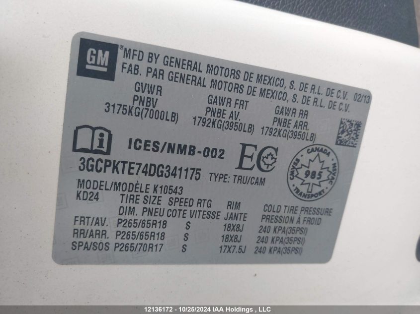 2013 Chevrolet Silverado 1500 VIN: 3GCPKTE74DG341175 Lot: 12136172