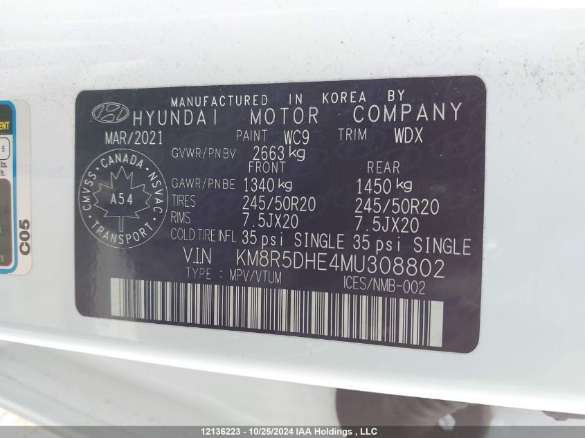 2021 Hyundai Palisade Ultimate Calligraphy VIN: KM8R5DHE4MU308802 Lot: 12136223