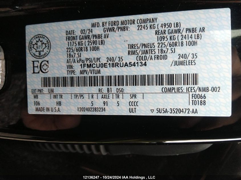 2024 Ford Escape VIN: 1FMCU0E18RUA54134 Lot: 12136247