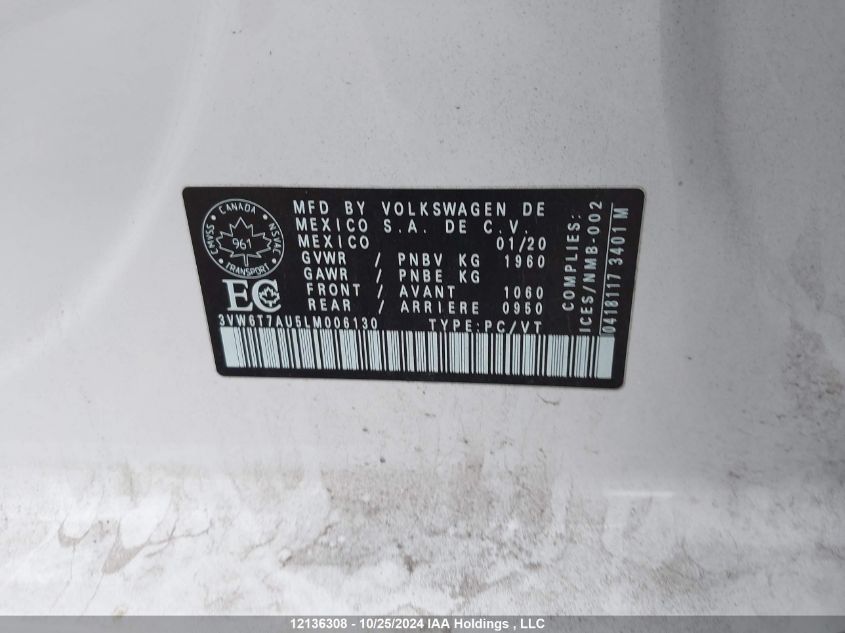 2020 Volkswagen Golf Gti VIN: 3VW6T7AU5LM006130 Lot: 12136308