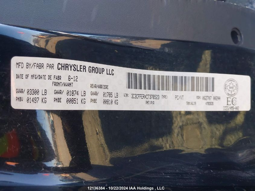 2012 Fiat 500C Lounge VIN: 3C3CFFERXCT378523 Lot: 12136384