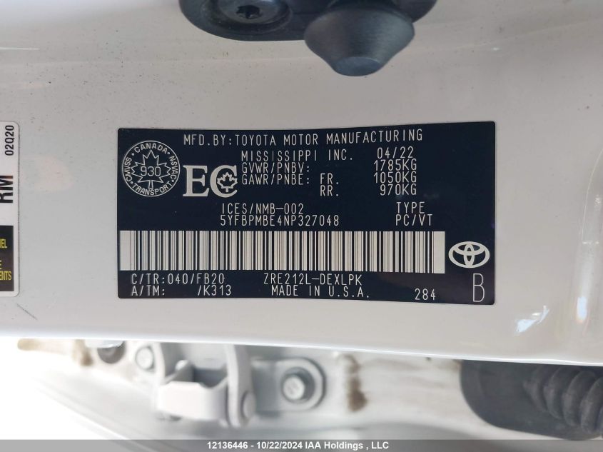 2022 Toyota Corolla Le VIN: 5YFBPMBE4NP327048 Lot: 12136446