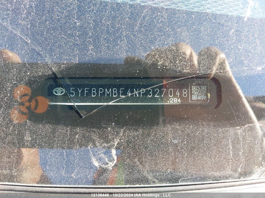 2022 Toyota Corolla Le VIN: 5YFBPMBE4NP327048 Lot: 12136446