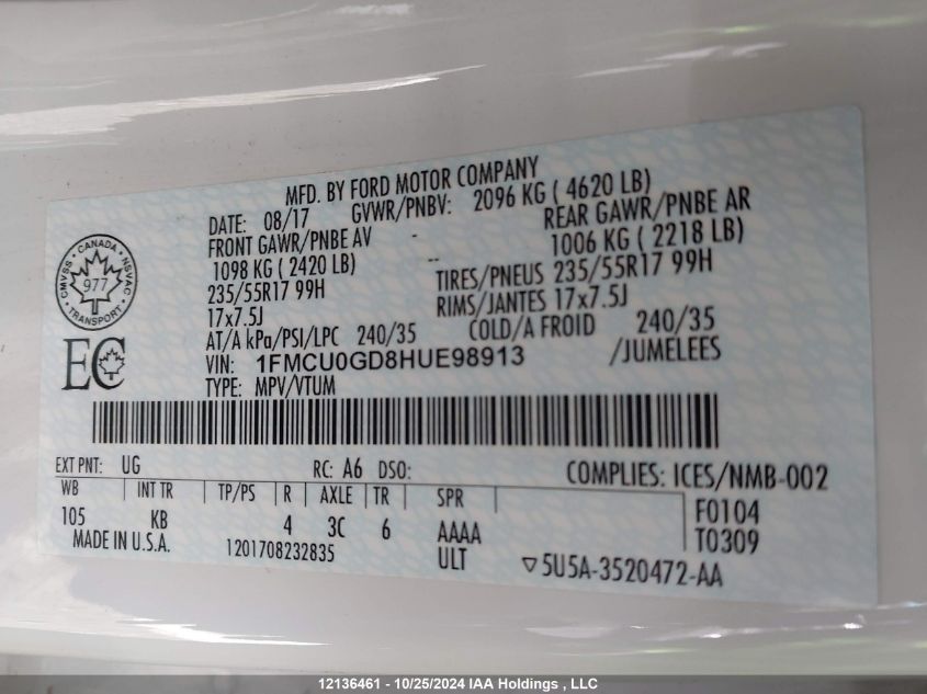 2017 Ford Escape Se VIN: 1FMCU0GD8HUE98913 Lot: 12136461