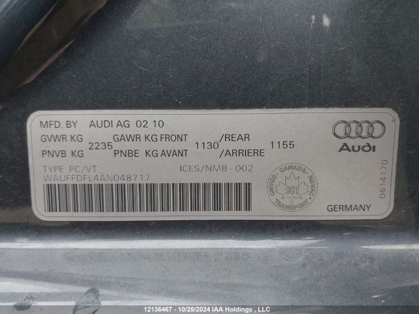 2010 Audi A4 VIN: WAUFFDFL4AN048717 Lot: 12136467