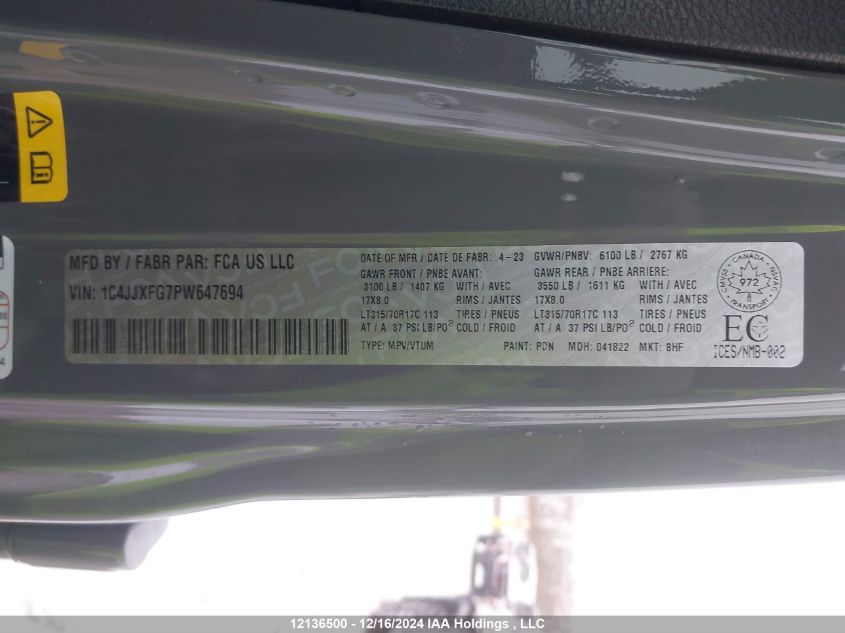 2023 Jeep Wrangler Rubicon VIN: 1C4JJXFG7PW647694 Lot: 12136500