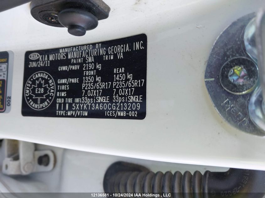 2012 Kia Sorento VIN: 5XYKT3A60CG213209 Lot: 12136581