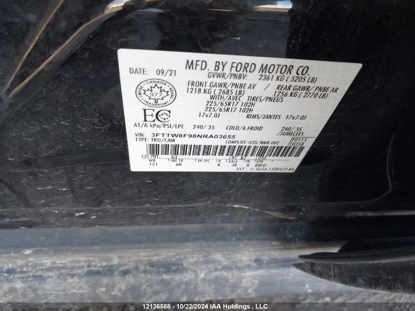 2022 Ford Maverick Xl/Xlt/Lariat VIN: 3FTTW8F98NRA03655 Lot: 12136588