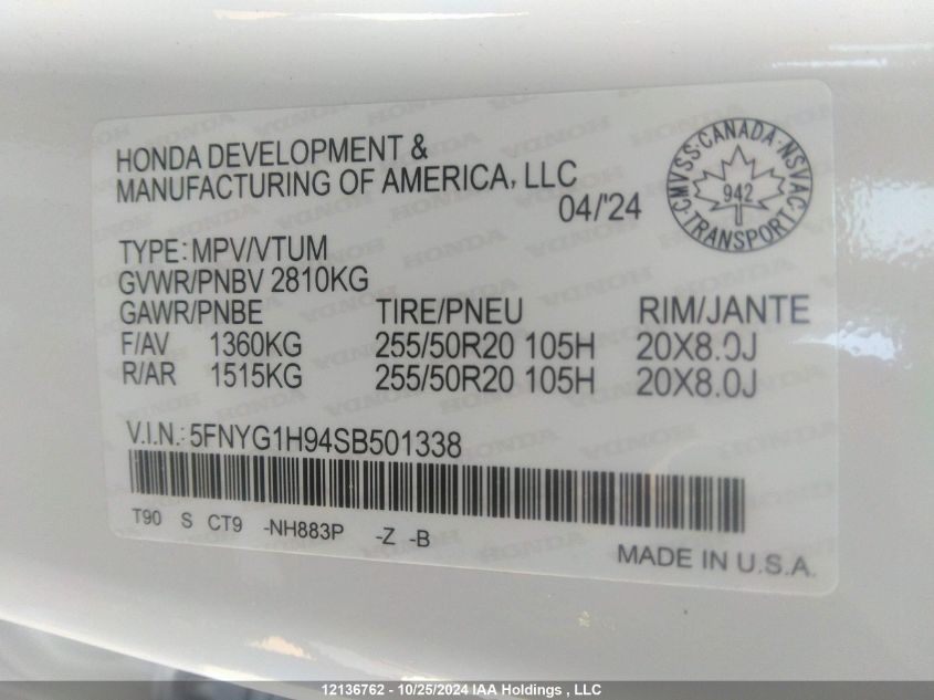 2025 Honda Pilot Black VIN: 5FNYG1H94SB501338 Lot: 12136762