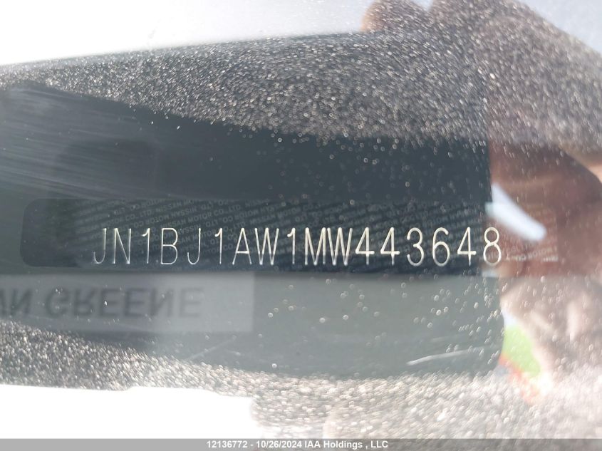 2021 Nissan Qashqai VIN: JN1BJ1AW1MW443648 Lot: 12136772