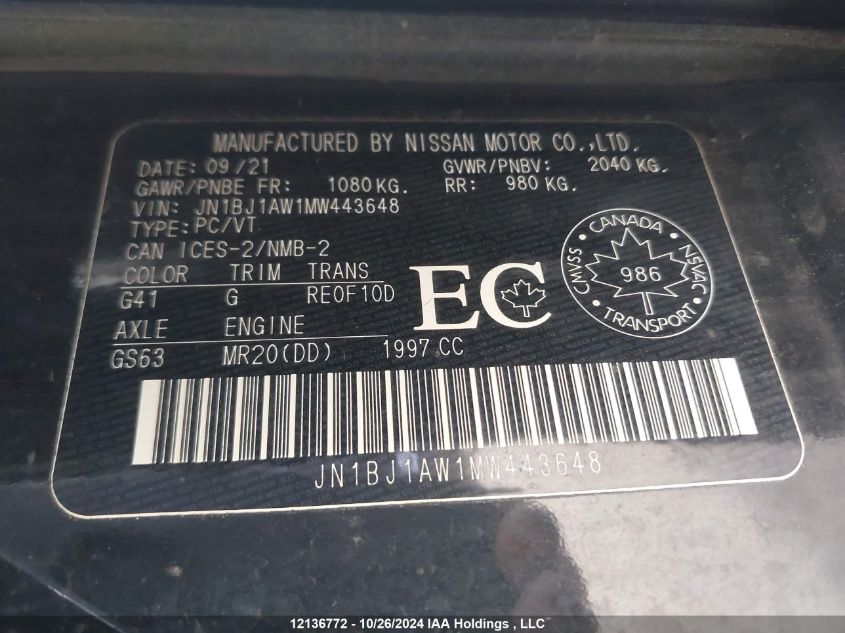 2021 Nissan Qashqai VIN: JN1BJ1AW1MW443648 Lot: 12136772