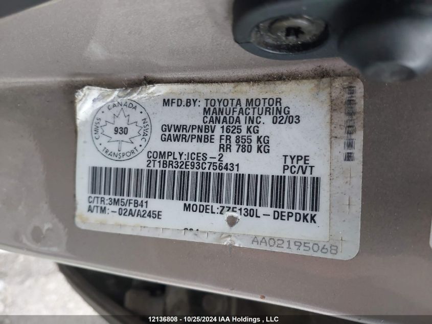 2003 Toyota Corolla Ce/Le/S VIN: 2T1BR32E93C756431 Lot: 12136808