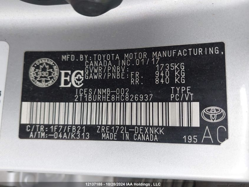2017 Toyota Corolla L/Le/Xle/Se/Xse VIN: 2T1BURHE8HC826937 Lot: 12137185
