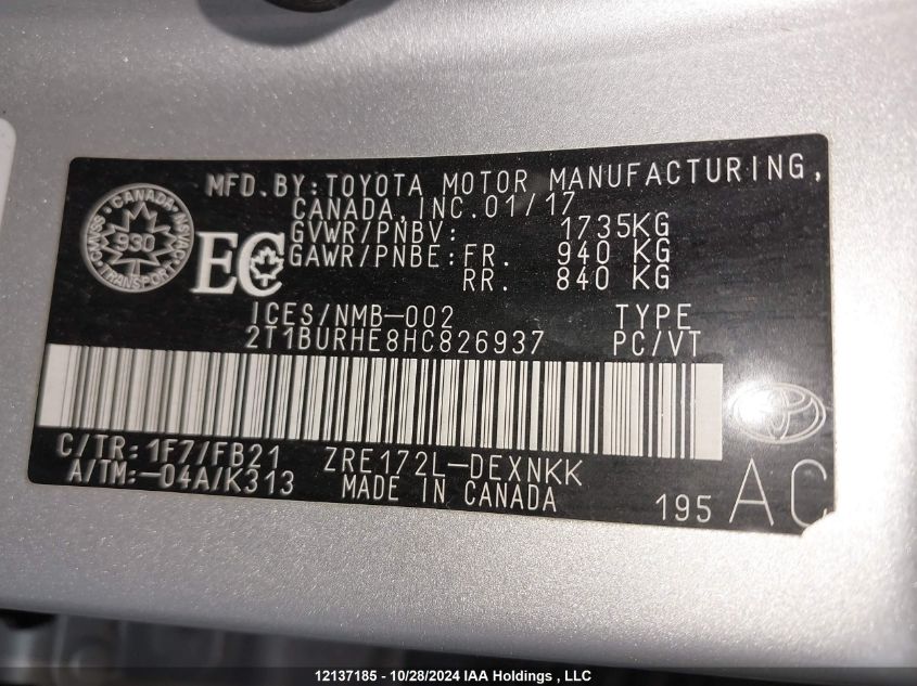 2017 Toyota Corolla L/Le/Xle/Se/Xse VIN: 2T1BURHE8HC826937 Lot: 12137185