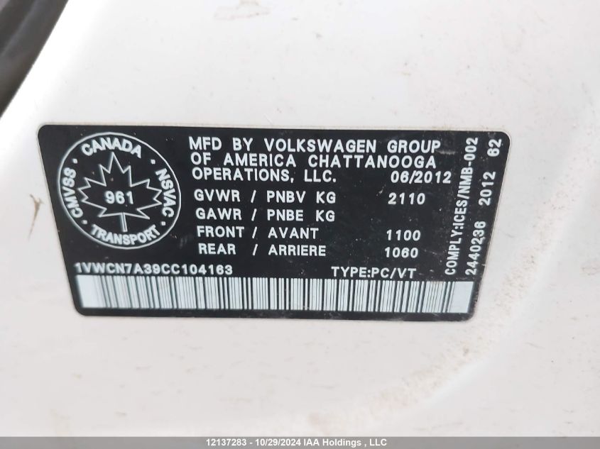 2012 Volkswagen Passat VIN: 1VWCN7A39CC104163 Lot: 12137283