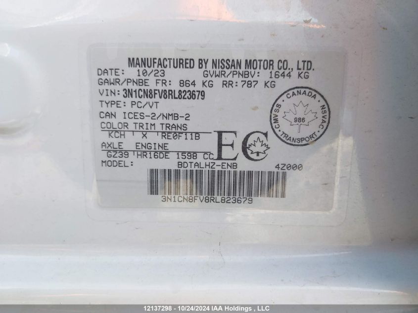 2024 Nissan Versa VIN: 3N1CN8FV8RL823679 Lot: 12137298