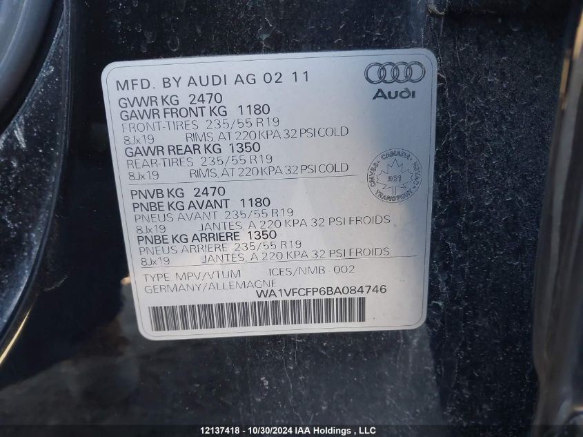 2011 Audi Q5 VIN: WA1VFCFP6BA084746 Lot: 12137418