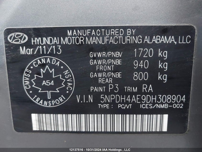 2013 Hyundai Elantra Gls/Limited VIN: 5NPDH4AE9DH308904 Lot: 12137516