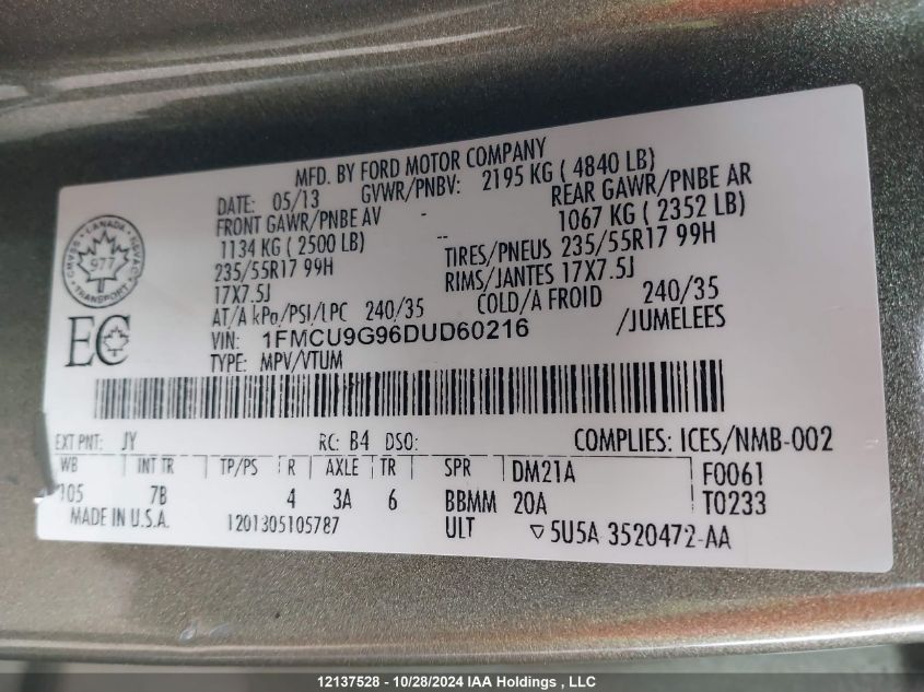 2013 Ford Escape Se VIN: 1FMCU9G96DUD60216 Lot: 12137528