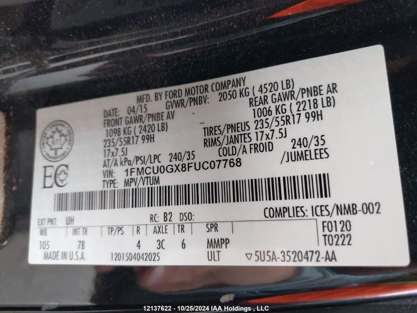 2015 Ford Escape Se VIN: 1FMCU0GX8FUC07768 Lot: 12137622