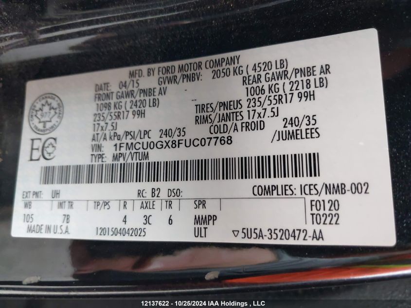 2015 Ford Escape Se VIN: 1FMCU0GX8FUC07768 Lot: 12137622