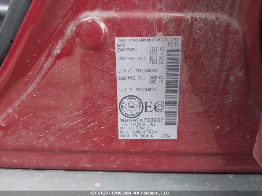 2018 Nissan Rogue VIN: 5N1AT2MV7JC763867 Lot: 12137629