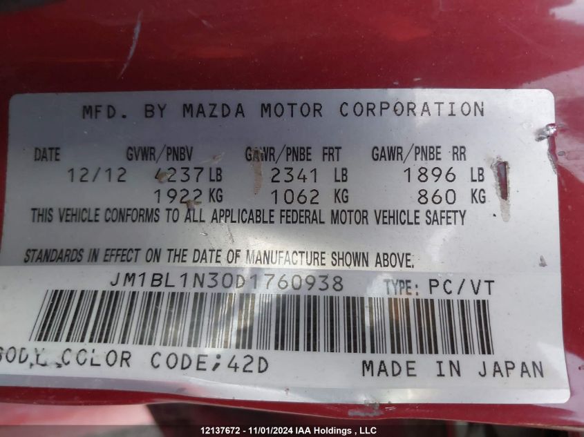 2013 Mazda Mazda3 VIN: JM1BL1N30D1760938 Lot: 12137672