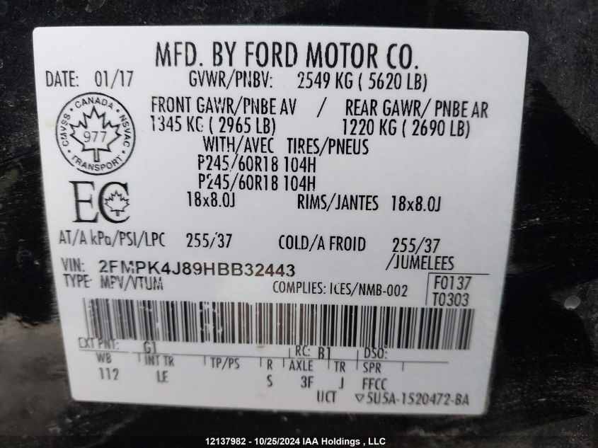 2017 Ford Edge Sel VIN: 2FMPK4J89HBB32443 Lot: 12137982