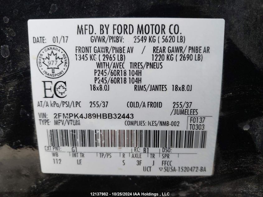 2017 Ford Edge Sel VIN: 2FMPK4J89HBB32443 Lot: 12137982