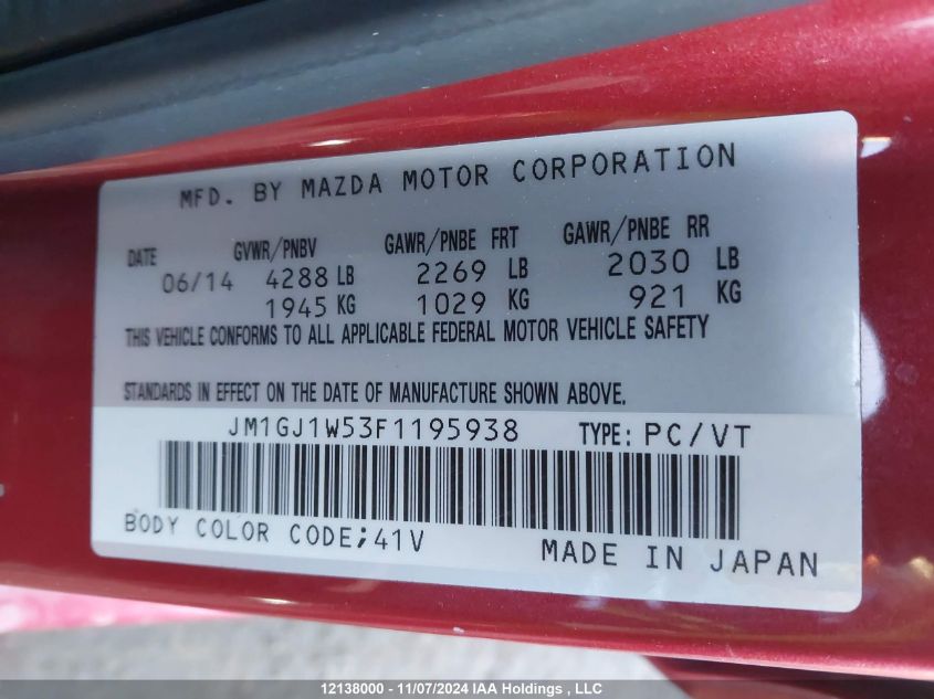 2015 Mazda Mazda6 VIN: JM1GJ1W53F1195938 Lot: 12138000