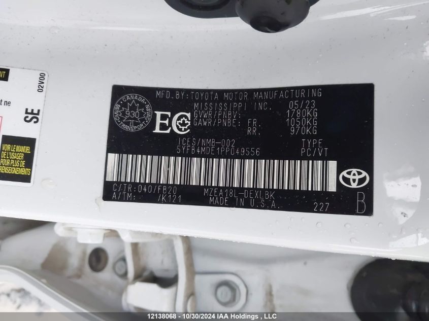 2023 Toyota Corolla Le VIN: 5YFB4MDE1PP049556 Lot: 12138068