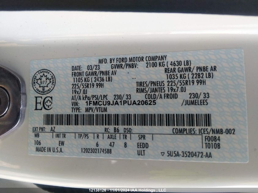 2023 Ford Escape Platinum VIN: 1FMCU9JA1PUA20625 Lot: 12138126