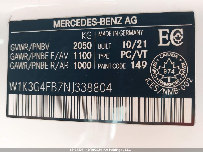 2022 Mercedes-Benz A-Class VIN: W1K3G4FB7NJ338804 Lot: 12138205