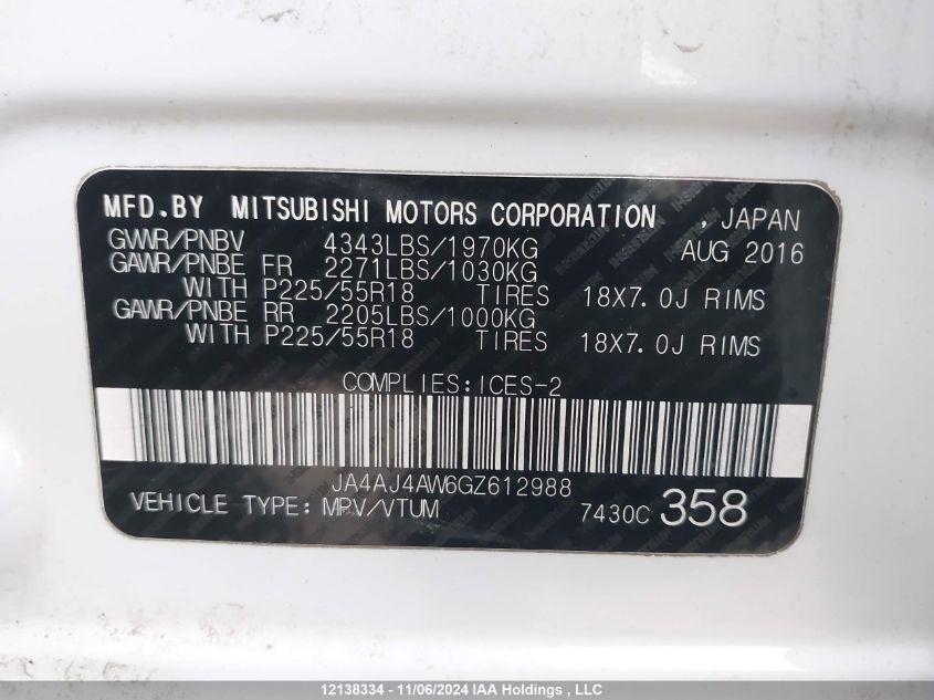 2016 Mitsubishi Rvr VIN: JA4AJ4AW6GZ612988 Lot: 12138334