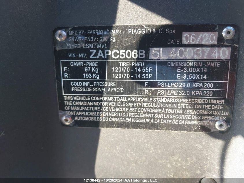 2020 Piaggio VIN: ZAPC506B5L4003740 Lot: 12138442