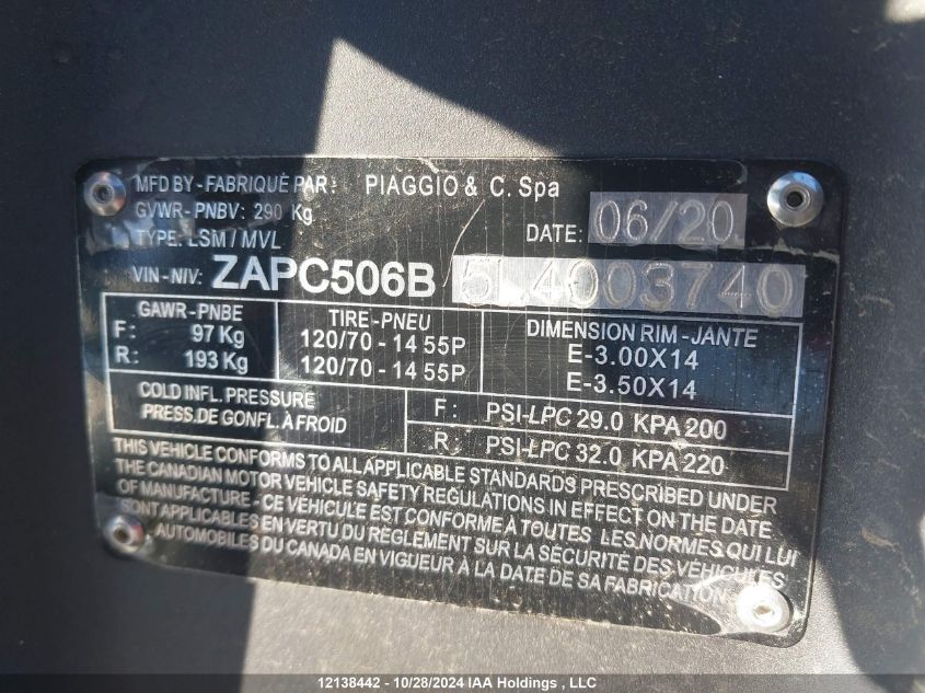 2020 Piaggio VIN: ZAPC506B5L4003740 Lot: 12138442