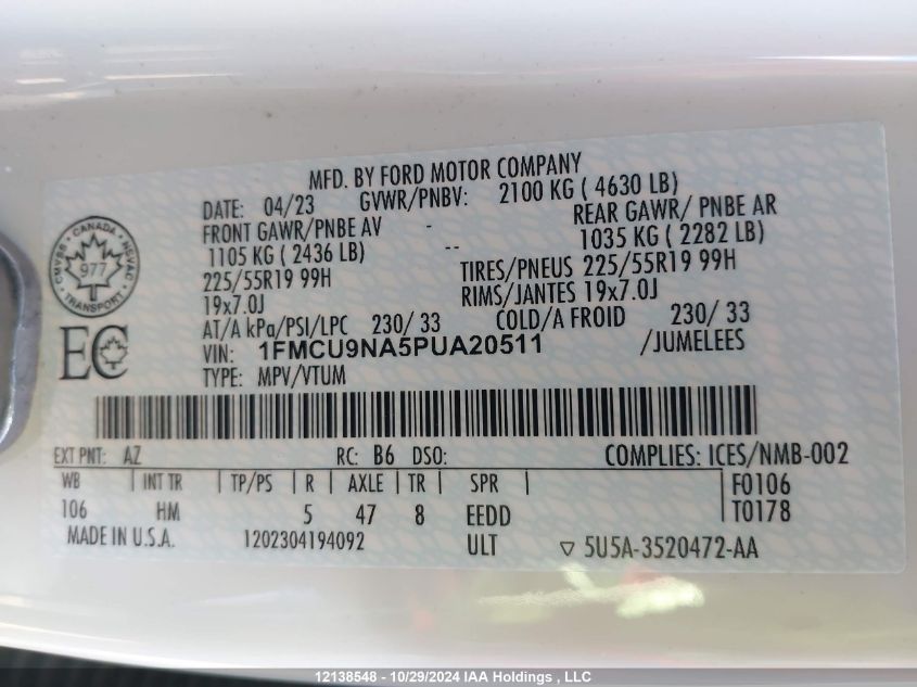 2023 Ford Escape St-Line Select VIN: 1FMCU9NA5PUA20511 Lot: 12138548