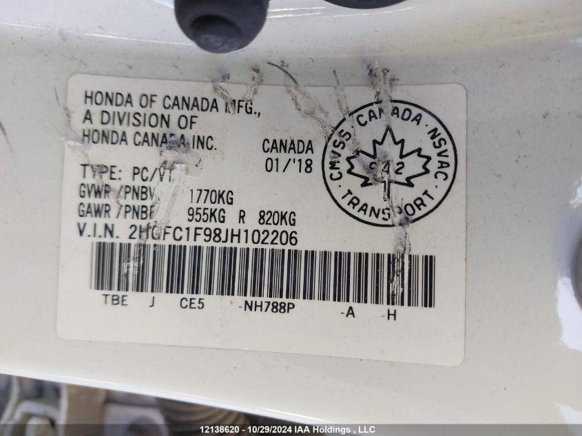 2018 Honda Civic Sedan VIN: 2HGFC1F98JH102206 Lot: 12138620