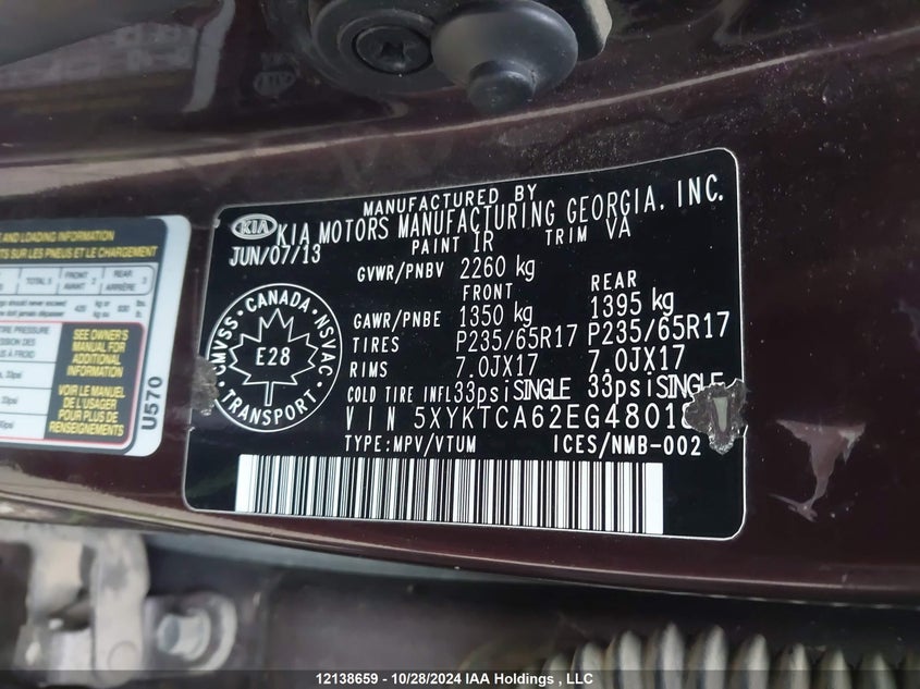 2014 Kia Sorento VIN: 5XYKTCA62EG480189 Lot: 12138659