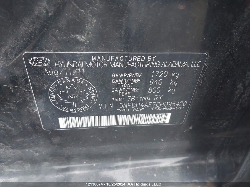 2012 Hyundai Elantra VIN: 5NPDH4AE7CH095420 Lot: 12138674