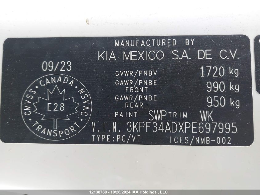 2023 Kia Forte VIN: 3KPF34ADXPE697995 Lot: 12138780