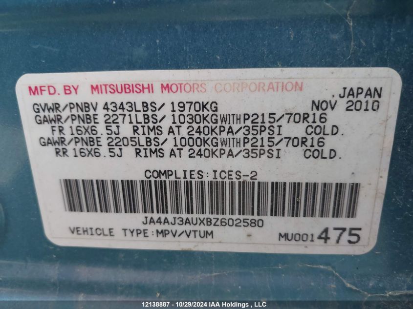 2011 Mitsubishi Rvr VIN: JA4AJ3AUXBZ602580 Lot: 12138887