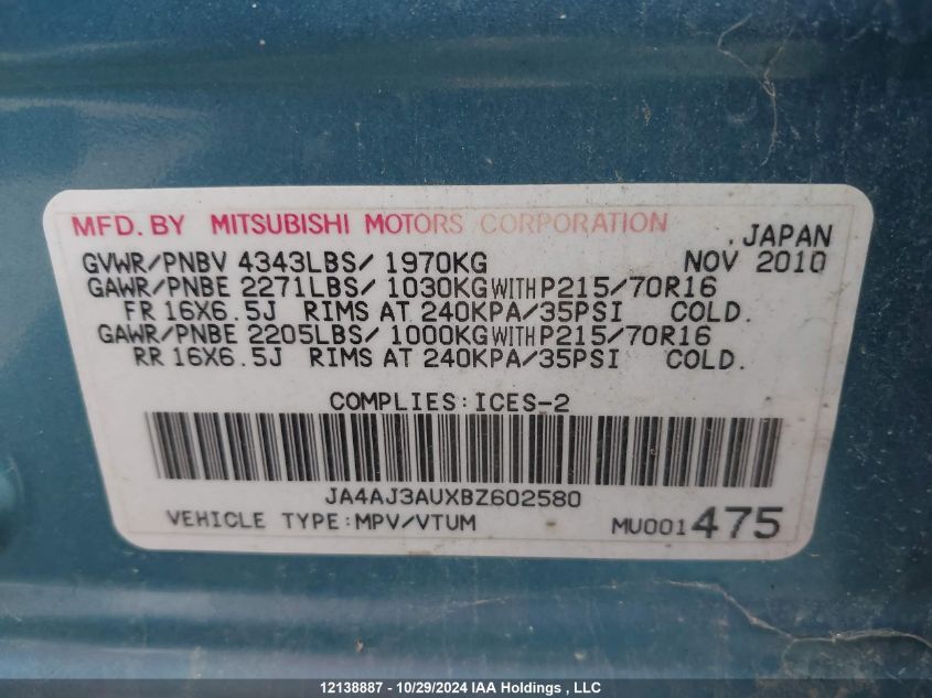 2011 Mitsubishi Rvr VIN: JA4AJ3AUXBZ602580 Lot: 12138887