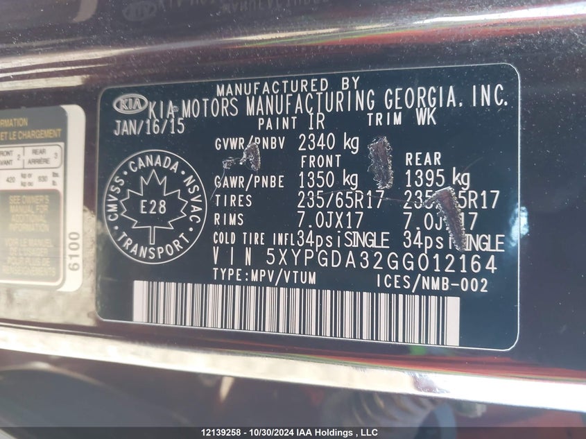 2016 Kia Sorento VIN: 5XYPGDA32GG012164 Lot: 12139258