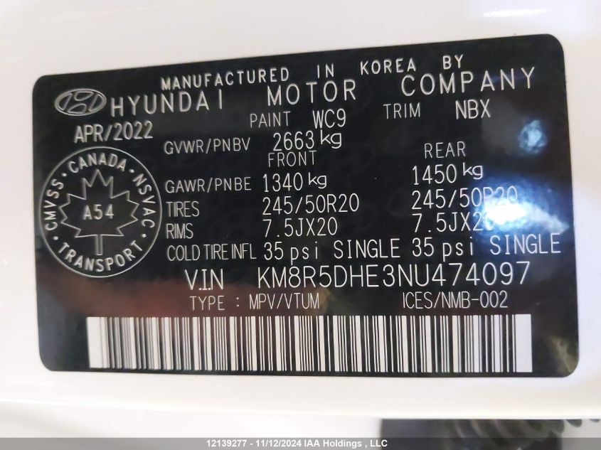 2022 Hyundai Palisade Limited VIN: KM8R5DHE3NU474097 Lot: 12139277