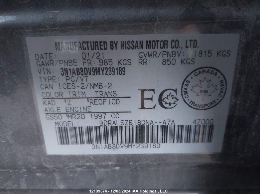 2021 Nissan Sentra VIN: 3N1AB8DV9MY239189 Lot: 12139574