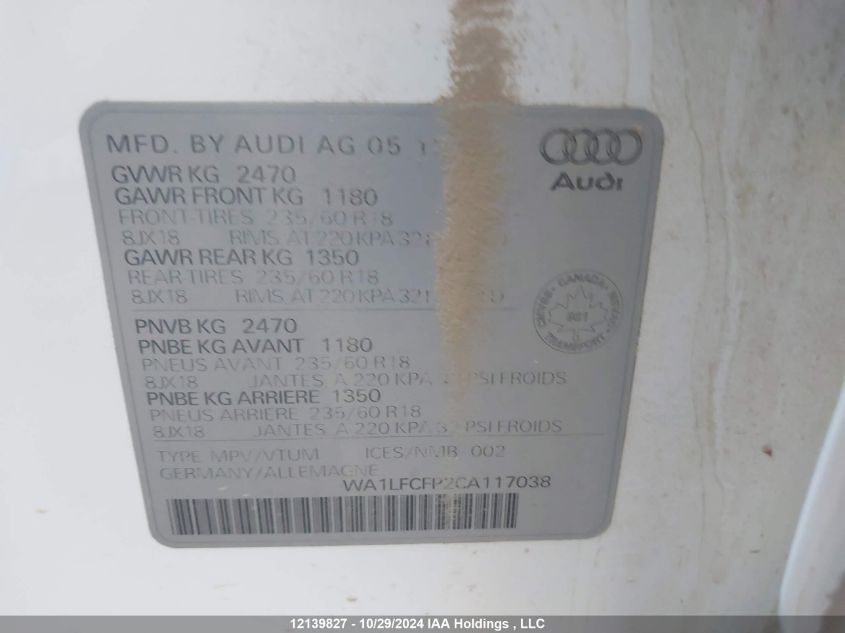 2012 Audi Q5 VIN: WA1LFCFP2CA117038 Lot: 12139827